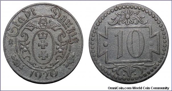DANZIG (MUNICIPAL)~10 Pfennig 1920. Notgeld issue- Small Denomination Variety.
