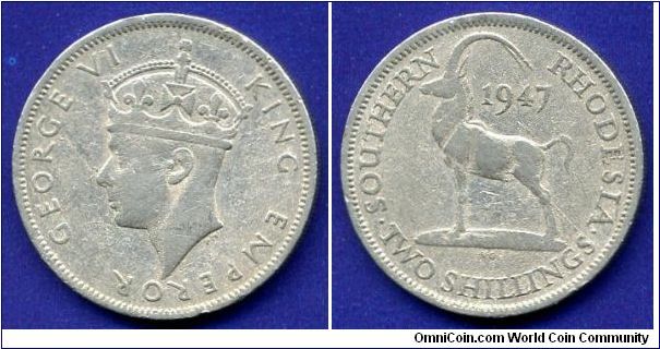 2 shillings.
Southern Rhodesia.
George VI (1936-1952) King & Emperor.


Cu-Ni.