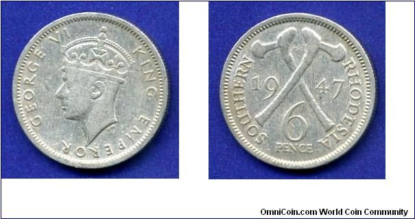 6 pence.
Southern Rhodesia.
George VI (1936-1952) King & Emperor.


Cu-Ni.