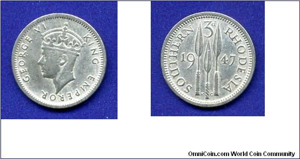 3 pence.
Southern Rhodesia.
George VI (1936-1952) King & Emperor.


Cu-Ni.