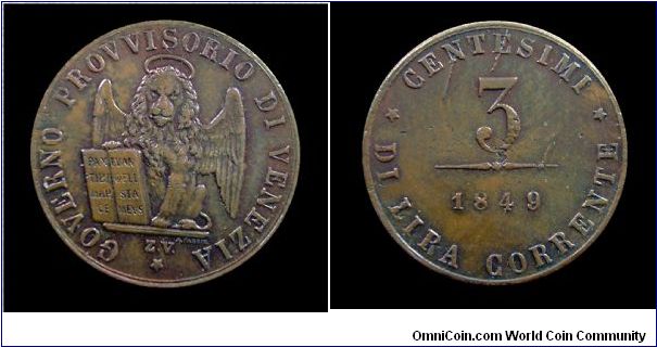 Provisional Government of Venice - 3 Centesimi - Copper