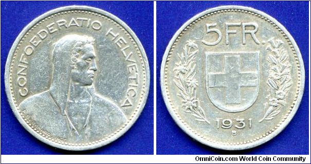 5 Francs.
Confederatio Helvetica.
'B'- Bern mint.


Ag835f. 15,0gr.