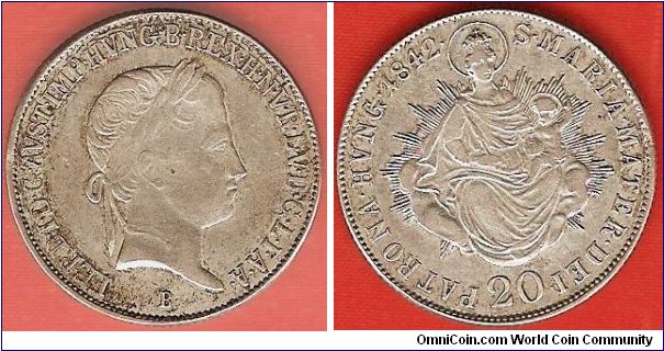 20 krajczar
Ferdinand I, king and emperor
St. Maria, patron of Hungary
0.583 silver