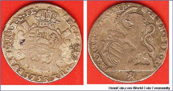 Austrian Netherlands
escalin
in the name of Maria Theresia, holy Roman empress, queen of Germany, Hungary and Bohemia, archduchess of Austria, duchess of Burgundy and Brabant, countess of Flanders
silver
Bruges Mint