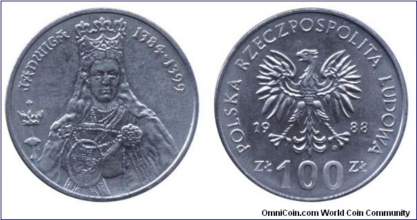Poland, 100 zlotych, 1988, Cu-Ni, Queen Jadwiga (1384-1399), daughter of King Louis I of Hungary                                                                                                                                                                                                                                                                                                                                                                                                                    