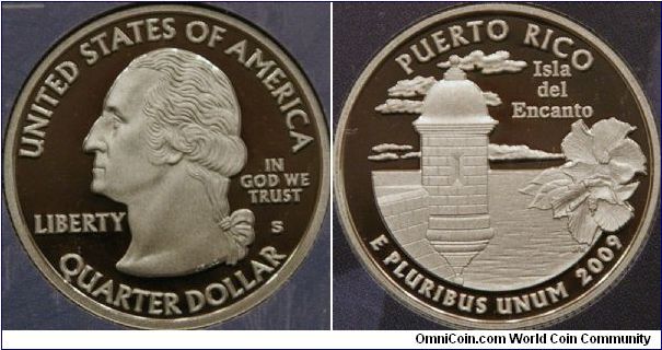 Puerto Rico, 2nd of the DC and Territories program.  Features a historic sentry box and a hibiscus flower with the inscriptions, PUERTO RICO and Isla del Encanto, which means Isle of Enchantment. ref. http://www.usmint.gov/mint_programs/ DCAndTerritories/
