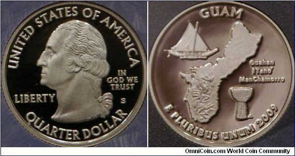 Guam, 3rd of 6 in the DC & Territories series.  Features an outline of the island, a native sailing vessel and latte stone (used as the base of homes).  Inscription translates to  ''Guam - Land of the Chamorro.'' ref. usmint.gov