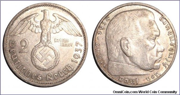 GERMANY (THIRD REICH)~2 Reichsmark 1937 F. Mint: Stuttgart.