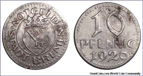 BREMEN (MUNICIPAL)~10 Pfennig 1920. Notgeld issue.
