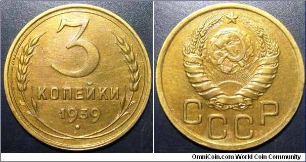 Russia 1939 3 kopek. Nice details but cleaned.