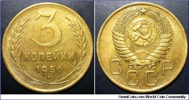 Russia 1956 3 kopek. Nice details but cleaned.