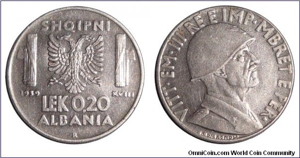 ALBANIA~0.20 Lek 1939. Italian occupation.