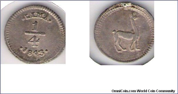 1/4 Real, Lima.  Damage at top was from a jewelery loop.

Coin Sold Nov/09