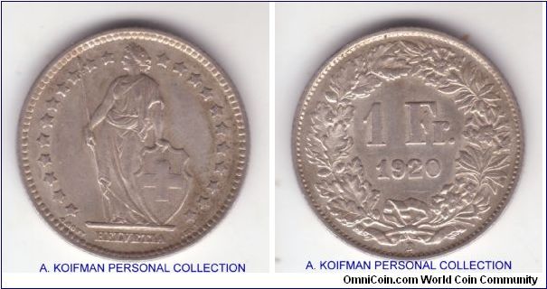 KM-24, 1920 Switzerland franc, Berne (B) mintmark; silver, reeded edge; Mintmark appear to be double struk or recut creating impression of BB with the smaller one appearing about the bottom; very fine or so with moderate circulation wear.