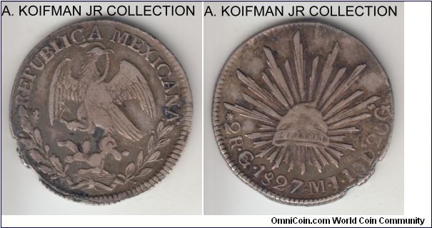 KM-374.8, 1827 Mexico 2 reales, Guanajuato mint (Go mint mark), MJ essayer initials; silver, slant corded edge; early Repblic coinage, very fine or so, edge issue was either a defective flan or post minting damage.