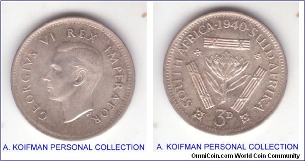 KM-26, 1940 South Africa 3 pence; better looking than the scan that makes it dull, has a lot of luster; appear to have 4 in the date recut and the period after the date is very close to 0