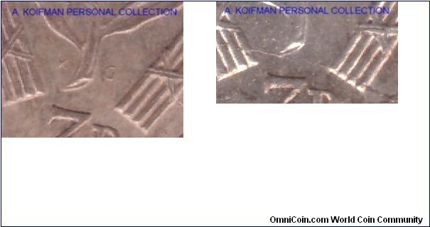 Detals: left is a regular 3 pence with clearly visible KG initials; right: phantom KG with just a trace of the letters; probably a result of the weak strike