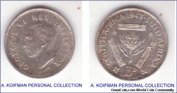 KM-26, 1943 South Africa 3 pence; large die break on reverse and fantom KG that are almost invisible due to the weak strike; this detail and comparison are shown below.
