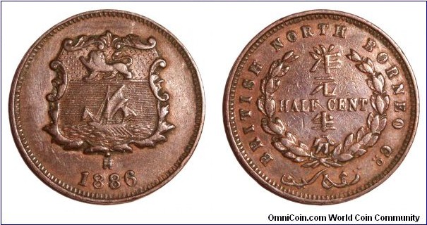 BRITISH NORTH BORNEO~1/2 Cent 1886.