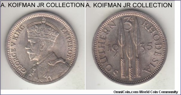 KM-1, 1935 Southern Rhodesia 3 pence; silver, plain edge; George V, nice uncirculated.