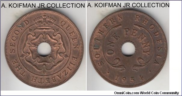 KM-29, 1954 Southern Rhodesia penny; bronze, plain edge; Elizabeth II, last Southern Rhodesian issue, quite good looking, scarce in high grades despite nominally large mintage, uncirculated or almost.