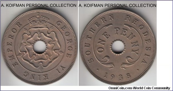 KM-8, 1938 Southern Rhodesia penny; copper nickel; deinitely uncirculated for wear but toned more than usual giving it indeed the gray appearance as captured by the scanner.