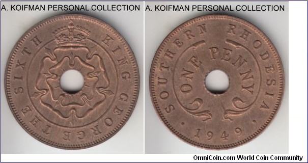 KM-25, 1949 Southern Rhodesia penny; bronze, plain edge; George V last type, mostly red uncirculated.