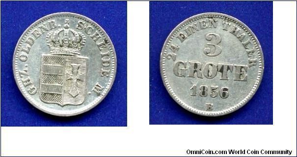 3 grote (1/24 Thaler - Groschen).
Duchy of Oldenburg.
Nicolaus Friedrich Peter (1853-1900).
'B'- mint initial Theodor Wilhelm Bruel in Hannover 1844-68.
Mintage 156,000 units.


Ag312f. 1,94gr.