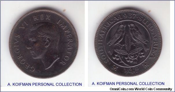 KM-23, 1937 South Africa farthing (1/4D); mint blackened bronze (through 1941 they were blackened), plain edge;  uncirculated condition but with a small spot on HM George VI neck, mintage is mere 38,000