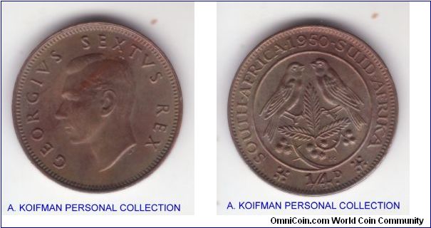 KM-32.1, 1950 South Africa farthing (1/4D) in about uncirculated condition