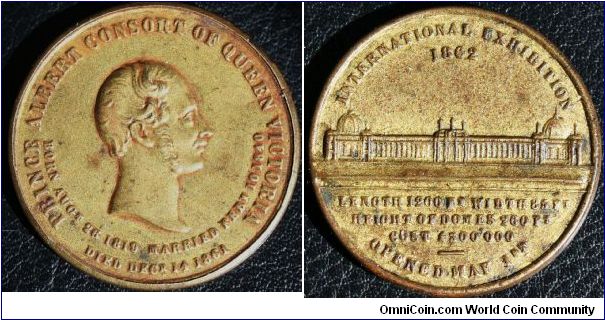 Issued for the 1862 International Exhibition Kensington. BHM#2751 Brass 33mm (filled) RR.