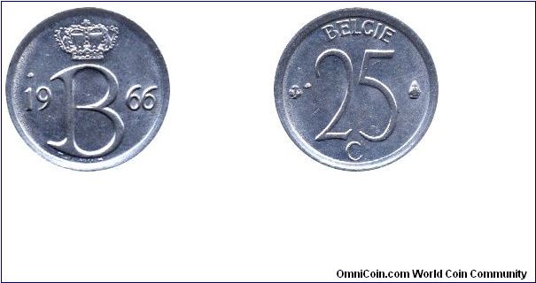 Belgium, 25 centimes, 1966, Cu-Ni, Belgie.                                                                                                                                                                                                                                                                                                                                                                                                                                                                          