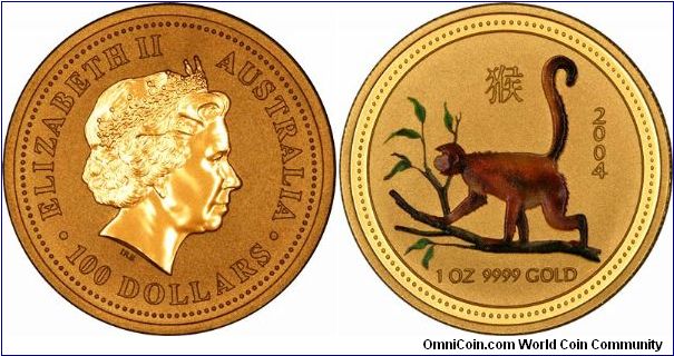Colour printed version of one ounce gold lunar calendar year of the monkey bullion coin by Perth Mint. Apparently these gold versions were only made and supplied to one single Asian distributor. We recently managed to source a quantity, in all 5 sizes from 1 ounce shown to 1/20th  ounce.