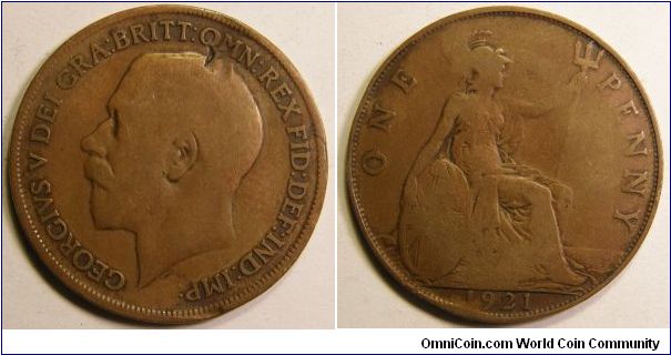 Penny (1911-1922)
Obverse;  Bare head of George V left 
GEORGIVS V DEI GRA:BRITT:OMN:REX FID:DEF:IND:IMP: 
Reverse;  Britannia seated right on rock by sea, holding shield and trident 
ONE PENNY date