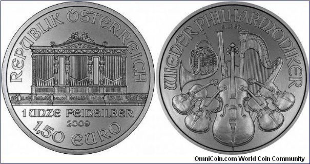This year's one ounce silver Philharmonica bullion coin from Vienna. As UK distributors for these, we sold 10,000 the first week, and have 20,000 more coming this week. The production quality is far better than Canadian Maples. We expect to be 'instrumental' in selling a lot of these in Britain.