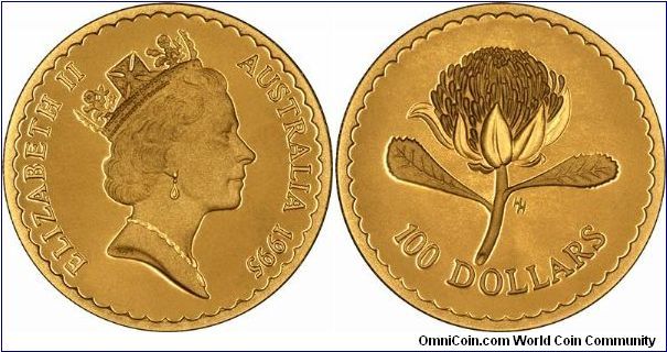 The Waratah is the state flower of New South Wales. It is the first in a series of 9 gold proofs, issued annually through to 2003. The coin shown is a $100 gold proof containing 1/3 trou ounces of fine gold, there is also a $150 series, identical designs, but larger, with a half ounce of gold in each coin. Issued by the Royal Australian Mint.