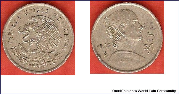 Estados Unidos Mexicanos
5 centavos
Josefa Ortiz de Dominguez 
White Josefita
strange damage from chin to rim, not affecting Cs of centavos
copper-nickel