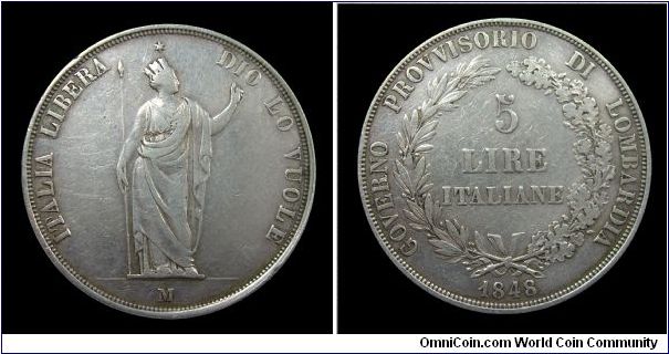 Provisional Government of Lombardy - 5 Lire - Silver