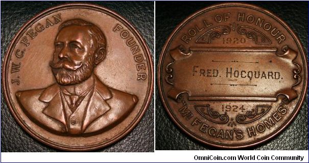 Canadian Home Child's Medal J.W.C.FEGAN FOUNDER (James William Condell)
Rev: ROLL OF HONOUR MR FEGAN'S HOMES 1920 1924 FRED HOCQUARD.
Bronze 54mm.