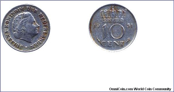 Netherlands, 10 cents, 1951, Ni, 15mm, 1.5g, Queen Juliana.                                                                                                                                                                                                                                                                                                                                                                                                                                                         