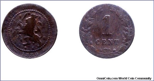 Netherlands, 1 cent, 1880, Cu, 19mm, 2.5g.                                                                                                                                                                                                                                                                                                                                                                                                                                                                          