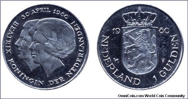 Netherlands, 1 gulden, 1980, Ni, 25mm, 6g, Beatrix the new Queen, 30 April, 1980, Juliana and Beatrix.                                                                                                                                                                                                                                                                                                                                                                                                              