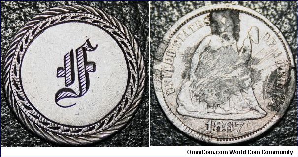 Silver Love Token 'F' on 1867 US dime.