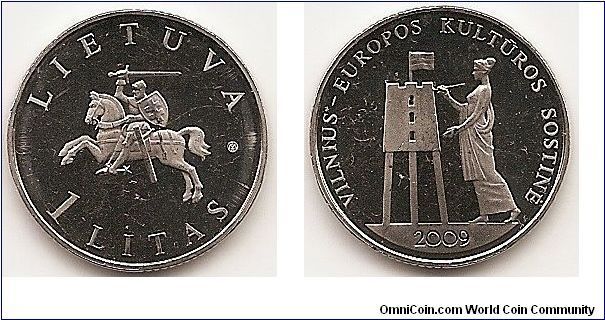 1 Litas
KM#162
6.2500 g., Copper-Nickel, 22.30 mm.Subject:Vilnius, European Capital of Culture 2009 Obv: Knight on horse Rev: The coin bears a picture of a drawing Muse symbolising the antique literature - the beginning of the European culture, and of the easel imitating the contours of the Gediminas Castle - the symbol of Vilnius. Edge: Segmented reeding