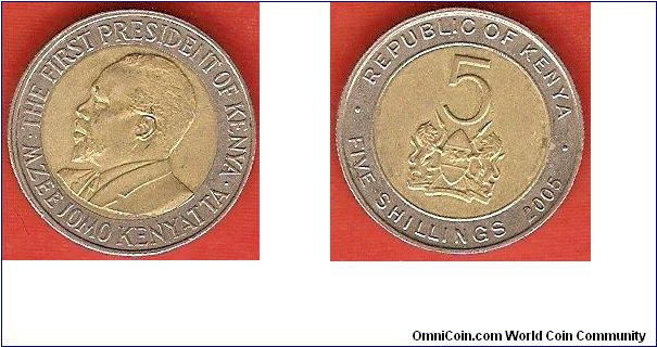 5 shillings
Mzee Jomo Kenyatta, the First President of Kenya
bimetallic coin