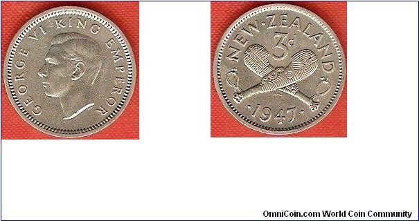 3 pence
George VI, king, emperor
crossed patu
copper-nickel