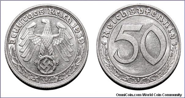 GERMANY (THIRD REICH)~50 Reichspfennig (Nickel) 1939. Two-year type. Mint: Muldenhutten. 