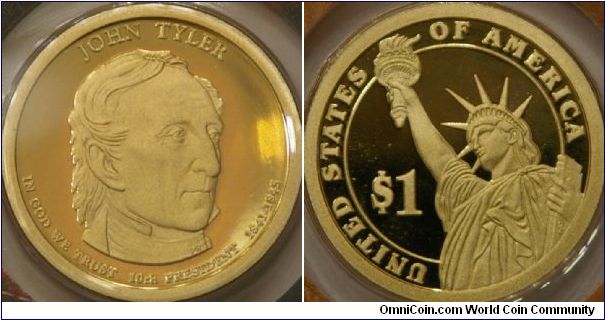 John Tyler, 10th Presidential Dollar series.  first president to take office by succession, first born after adoption of US Constitution.  26.5 mm, Mn-Brass