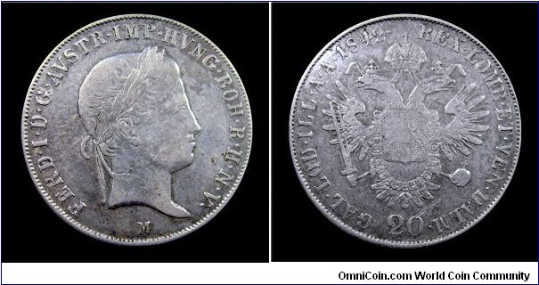 Lombardy-Venetia (Coinage for the Austrian Empire) - Ferdinand I - 20 Kreutzer - Milan mint - Silver