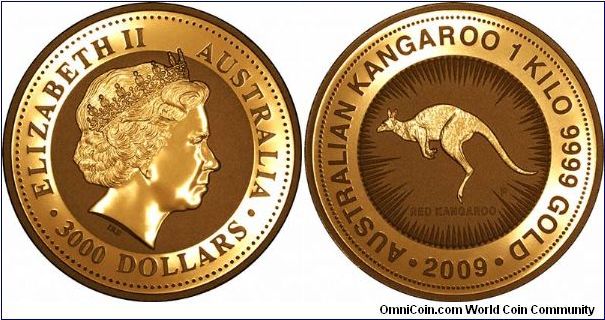 The 1 kilo gold 'large nugget' coin design remains the same as all previous years. Most people now call these 'kangaroos' rather than 'nuggets'. See also our kilo gold proof coins from Alderney.